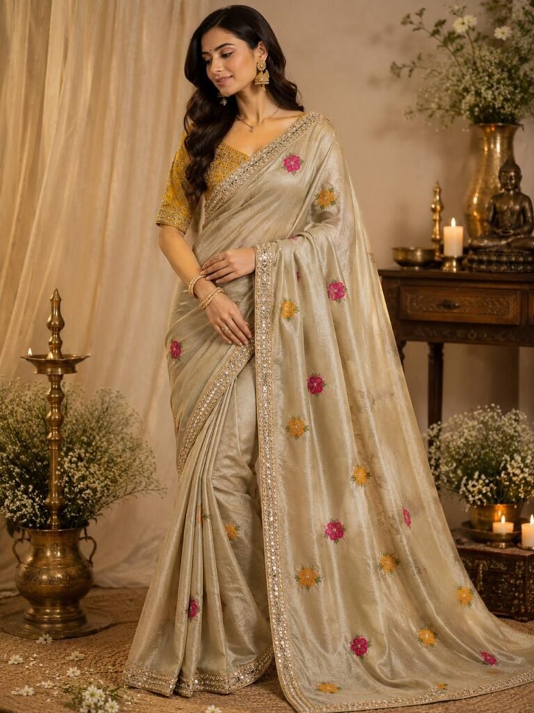 Champagne Gold Floral Embroidered Silk Saree ✨