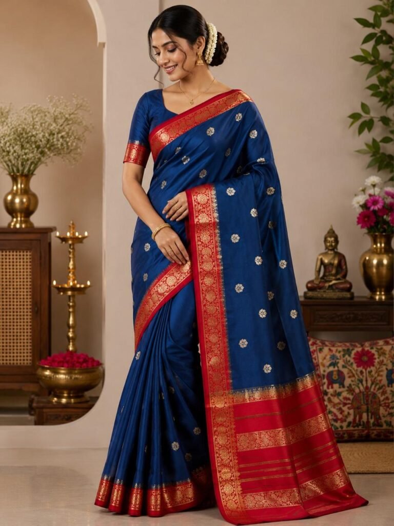 Elegant Dark Blue Silk Saree with Rich Golden Zari Border