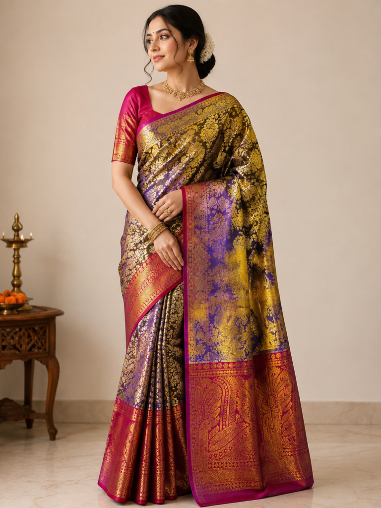 Purple & Magenta Silk Saree with Gold Zari Woven Floral Design ✨