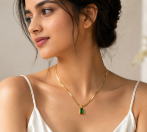 Emerald Green Rectangular Pendant Gold-Tone Necklace ✨