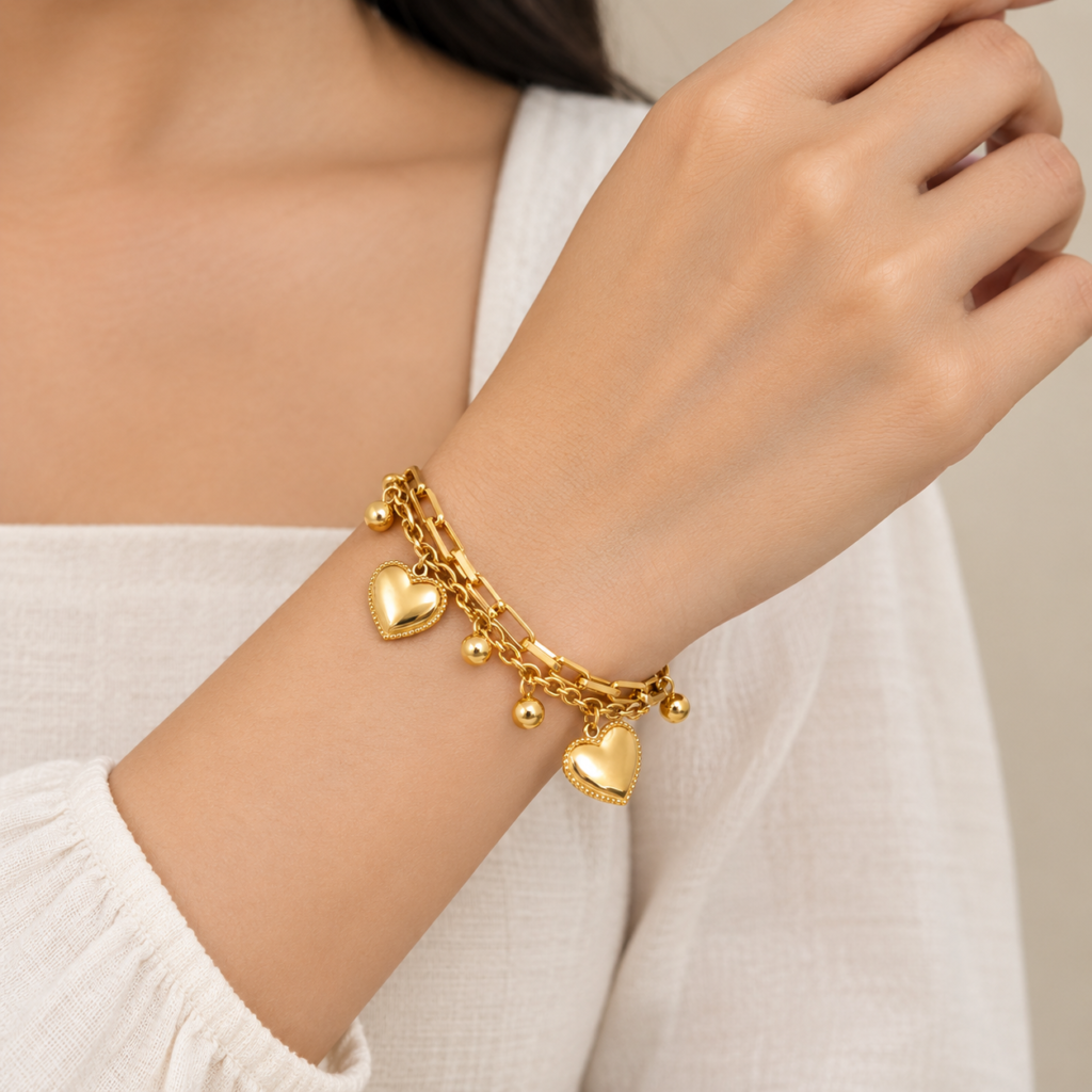 Gold-Plated Heart Charm Layered Bracelet for Women