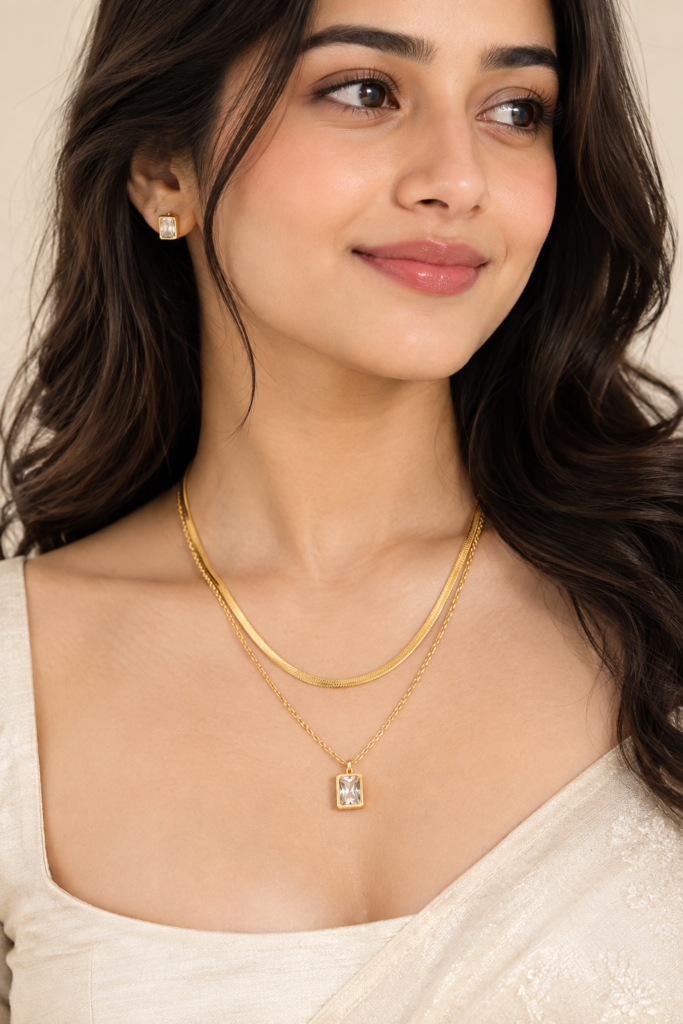 Gold-Tone Layered Necklace with Crystal Pendant✨