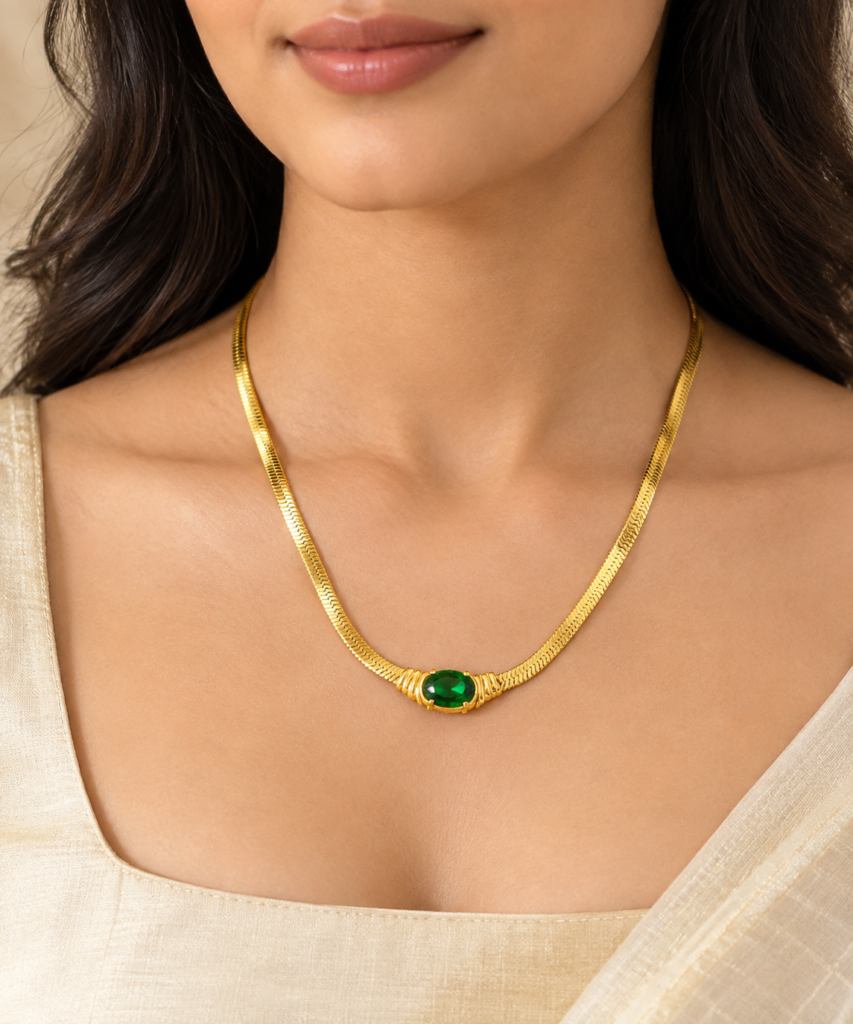Elegant Gold-Tone Green Stone Necklace – Women & Men