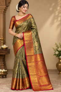 Premium Olive Green & Gold Zari Silk Saree with Red Border