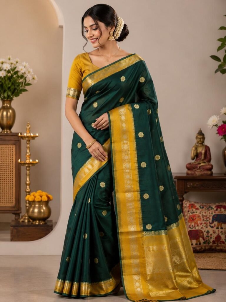 Emerald Green Traditional Zari Silk Saree with Golden Pallu ✨
