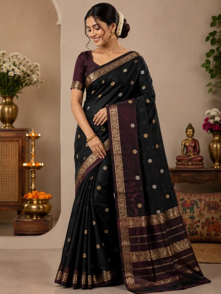Black Silk Saree with Antique Gold Zari Border